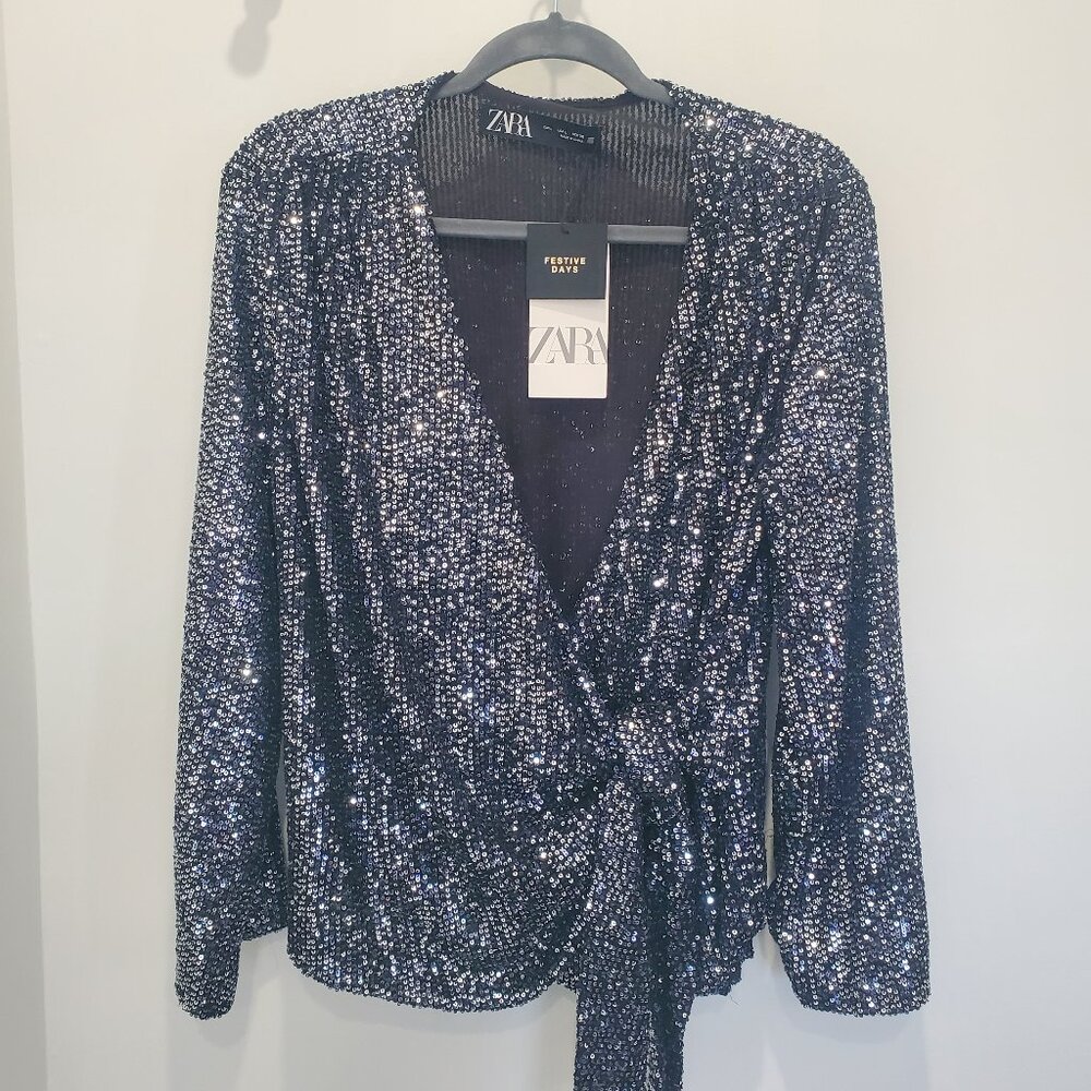Zara New With Tags Black & Silver Seqain Wrap Tie Top  Large